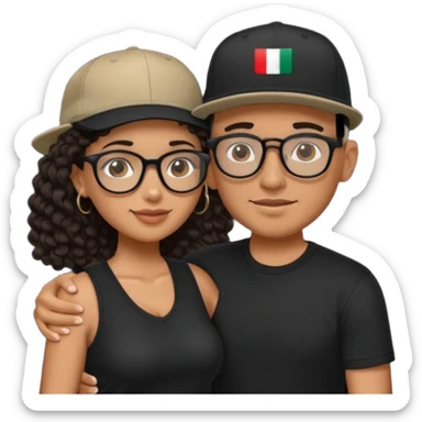 A picture of an embracing tanned couple. the man is a Mexican man with tanned skin, with a bald hair cut wearing a SnapBack hat and a black shirt. the woman wearing black glasses, with long curly dark brown hair and with big boobs.  sticker
