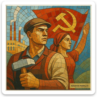 Soviet mosaic artwork reimagined as a modern Kerama Marazzi tile, detailed and colorful sticker