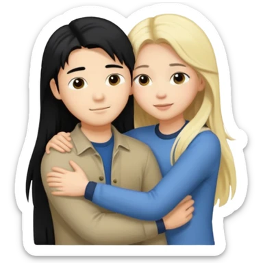 asian boy with black hair and blonde long hair girl hugging sticker