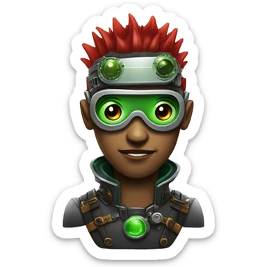 Male cyborg with thin red Mohawk and green steampunk goggles sticker