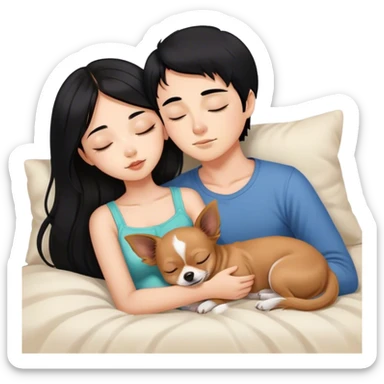 Coquette teenage cute asian black hair girl sleeping with brown longhair chihuahua and guy with black hair sticker