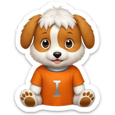 Happy puppy wearing an orange tshirt with the Roman numeral II on it.  sticker