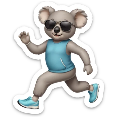 friendly anthropomorphised koala in casual clothing, wearing dark sunglasses, jogging upright in standard pose sticker