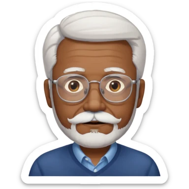 An elderly man emoji with medium-dark skin tone, white hair on the sides, glasses, light eyebrows, and a light white mustache and beard. sticker
