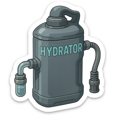 the image is the icon for a videogame insta-use item, it is a hydrator- futuristic cyberpunk - gray canister - hydration supplement -  it is master craftsmanship, not dinged or damaged, and has fluid line couplings where it is to be attached sticker