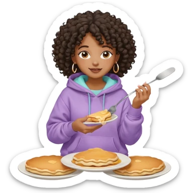 Black girl, clean girl aesthetic, 4C curly hair in a puff, pastel hoodie, white sneakers, minimal jewelry, soft smile, cozy vibe, bright colors eating  pancake sticker