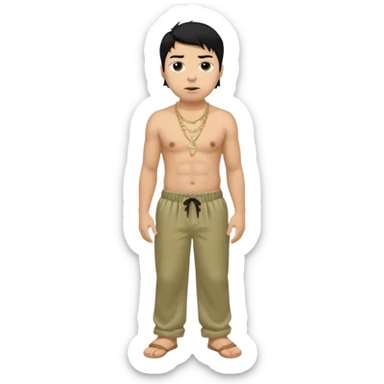 Chino Moreno with black hair, khaki satin baggy pants, shirtless with necklace sticker