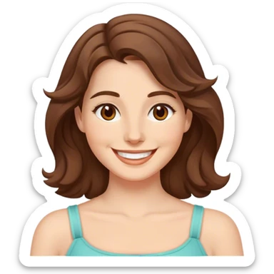 White woman medium size, wavy brown hair shoulder length, brown eyes, smiling, saying "Happy March" sticker