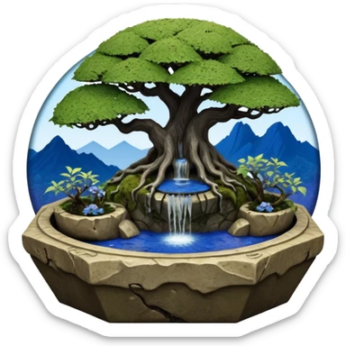 Alien saucer jungle-vines fountain mountain-island landscape antique mudman very old broken cracked intricate Stone Age lapis-crusted irregular dodecagon-shaped shallow dark moss rough bark blue serissa flowered maple tree bonsai pot sticker