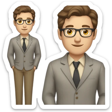 Pale skinned fit man with dark brown hair in gray jacket, beige office shirt, brown tie, brown pants and vintage glasses Writing on the tablet sticker