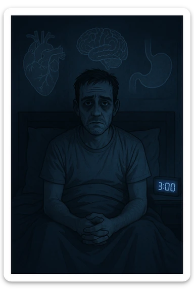 a man sits awake in bed in the middle of the night, dark circles under his eyes and a tired, anxious expression. The room is dimly lit by the blue glow of a phone or digital clock showing 3:00 AM. Around him, faint ghostly overlays of anatomical drawings highlight affected organs—heart, brain, and stomach—symbolizing the physical harm caused by disrupted sleep. sticker