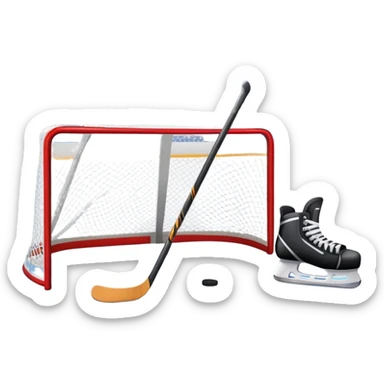 An icon showing a close-up of a hockey stick, puck, skates, and hockey net placed on the ice. The background features a packed stadium with bright lights, cheering fans, and snowy scenery outside. Transparent background highlights the key elements of the game. sticker