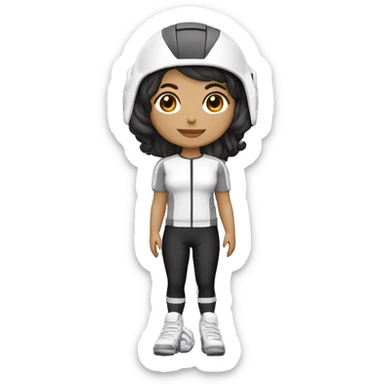 Profesora de cilcismo de piel morena clara de contextura delgada estatura alta con zapatillas de ruta blancas licras negras y maillot blanco casco blanco sticker