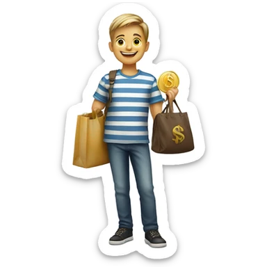 smiling boy in striped shirt holding a bag with a money symbol sticker