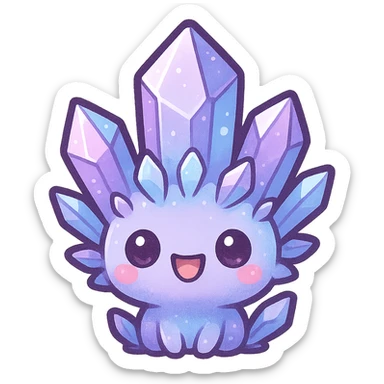 kawaii style emote of a crystal sprite creature, purple, blue, and pink, happy expression sticker