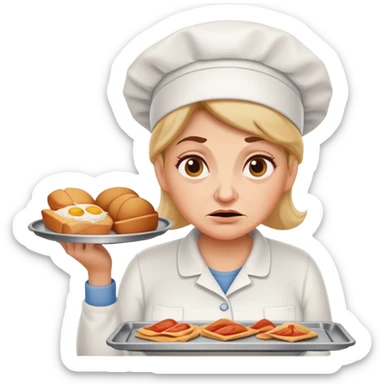lunch lady with a tray of unappetizing food, exaggerated disgusted face sticker