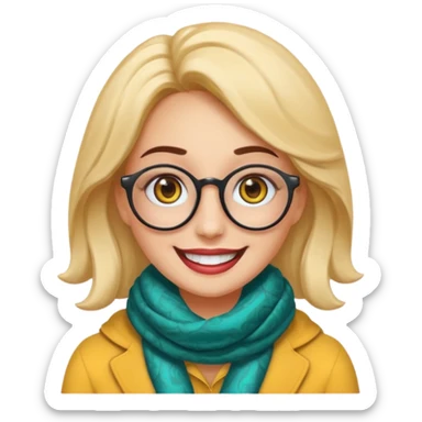 Emoji estilo WhatsApp de una mujer sonriente con rostro ovalado, piel clara, ojos grandes y oscuros, cejas gruesas arqueadas, gafas grandes redondeadas, rizos voluminosos oscuros, bufanda colorida y expresión tierna. Colores limpios, contornos suaves y fondo transparente. sticker