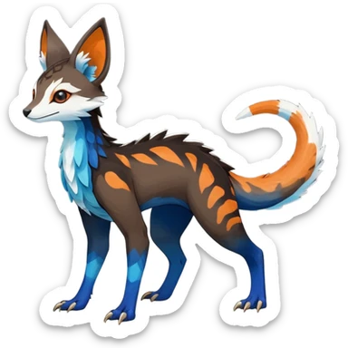 Rare realistic exotic dark-brown light-brown gradients white neon-orange dark-blues cute epic pretty beautiful handsome gorgeous aesthetic colorful vibrant Vernid-Trico-species-Fakemon-creature by LiLaiRa, 4 legs, 1 tail, random markings, (full body) sticker