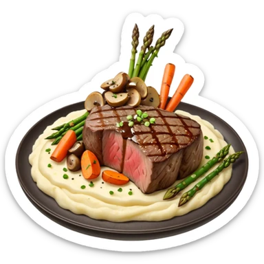 Medium rare Wagyu steak on a bed of creamy garlic mashed-potatoes, coupled with pan seared carrots mushrooms asparagus and a lovely black pepper truffle sause  sticker