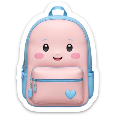 Cute Kawaii Backpack, round and chubby, soft pastel pink and blue, tiny heart-shaped zippers, blushing cheeks, a tiny smiling face, a happy school-time companion! sticker