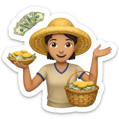basket overflowing with money, and a very happy person ridiculously throwing money around with one hand and eating a colombian arepa with the other sticker
