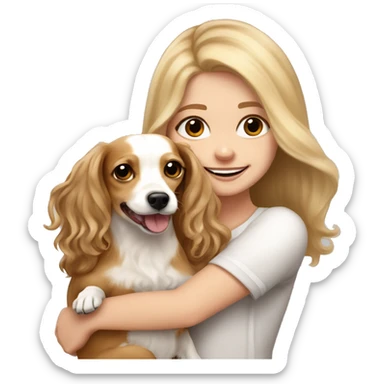 White girl with very long, wavy, blonde hair and brown eyes holding a white and tan chihuahua-dachshund mix happy with floppy furry ears sticker