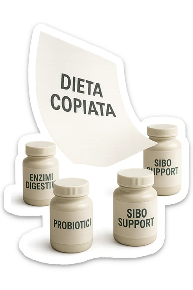 FOGLIO DI CARTA FLUTTUA IN ARIA CON LA SCRITTA "DIETA COPIATA", INSIEME A BARATTOLI DI INTEGRATORI PER CURARE IL SIBO IN ITALIANO, IPERREALISTICO 4K, NON DISEGNATO sticker