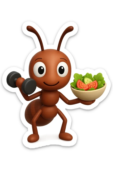 EMOJI STILE IPHONE 3D DI UNA formica CHE ha un manubrio da palestra nella mano destra e un insalata nella mano sinistra, FAGLI GLI OCCHI CON LA PARTE BIANCA, NON SOLO LA PUPILLA sticker