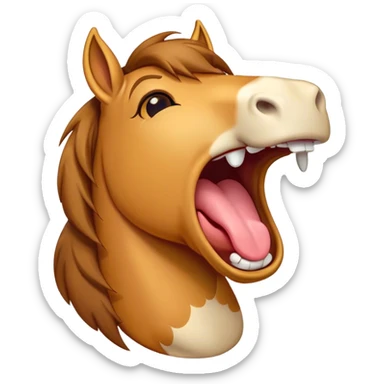 Cinematic Cute Yawning Bay Horse Portrait Emoji, Head tilted slightly with a dramatic, wide-open yawn, revealing a smooth bay fur with a subtle luster, floppy ears slightly drooping, round amber eyes barely open in drowsy contentment, Simplified yet irresistibly adorable features, highly detailed, glowing with a soft, cozy glow, high shine, relaxed yet expressive, stylized with a touch of equine whimsy, bright and endearing, soft glowing outline, capturing the essence of a sleepy yet affectionate horse, so drowsy it feels like it could stretch out of the screen and curl up for a nap! sticker