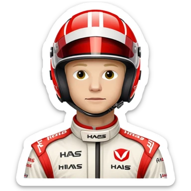 Kevin Magnussen, Formula 1 driver for Haas team, wearing white and red Haas racing suit and helmet sticker