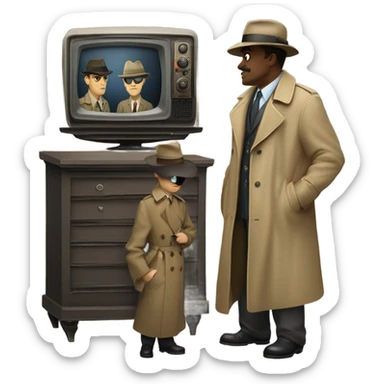 two detectives standing in anticipation behind a vintage TV set sticker