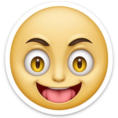 A yellow round face emoji smirking with its tounge out but the eyes are evil and kind of crazy and the eyebrows are turned  sticker