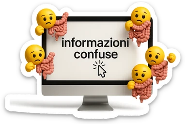 SCHERMO DI PC CON LA SCRITTA "informazioni confuse" SULLO SCHERMO E IL CLICK DEL MOUSE SULLA SCRITTA, stile emoji iphone fluttuano in aria stringendo in mano un pezzo di colon intestinale, iperrealistico 4k sticker