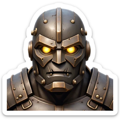 Cinematic Noble Mighty Iron Golem Portrait Emoji Poised and imposing, with a towering, metallic form forged from intricately detailed plates of burnished steel and ancient bronze, etched with faint traces of runes and weathered marks of time. Its piercing, glowing eyes radiate unwavering resolve, casting a solemn and commanding presence; rendered with lifelike texture and natural metallic highlights, high shine, elegant yet indomitable, styled with an aura of legendary endurance, focused and resolute, soft glowing outline, capturing the essence of an eternal guardian, standing vigilant and immovable as if ready to awaken at any moment with unstoppable might! sticker