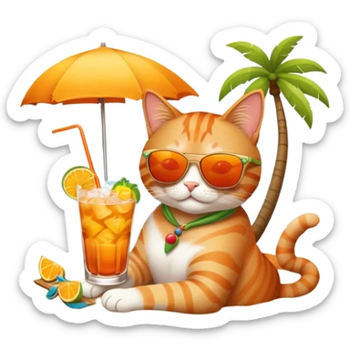 cat relaxing on a beach sipping a mai tai sticker
