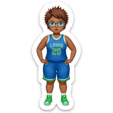 Full Body white plus size Girl with basketball spikey short brown HAIR wearing blue glasses with green eyes wearing blue and green basketball uniform PLAIN sticker