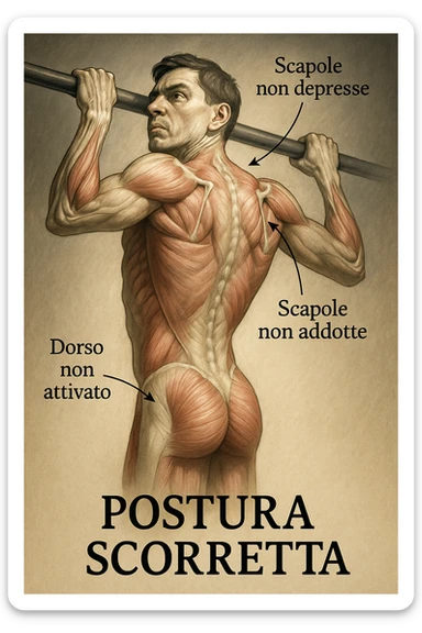 Illustrazione anatomica realistica di un uomo che esegue trazione alla sbarra senza attivare bene le scapole e il dorso, con focus su errori posturali e muscolari. Atmosfera clinica, luci drammatiche, didascalie in italiano, formato 2:3. sticker