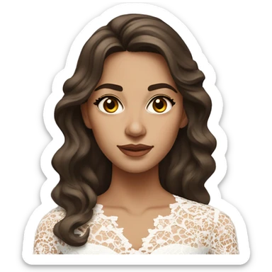 hyper realism Adult woman with brown eyes, light tanned skin, long wavy dark brown hair, wearing a white lace dress sticker