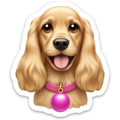 Blond cocker spaniel wearing a pink sleighbell sticker