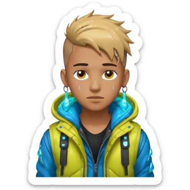 Cyberpunk street kid, male, messy undercut, puffer vest over hoodie, glowing earpiece, light stubble, brown eyes, neon reflections, raindrops, dark background. sticker