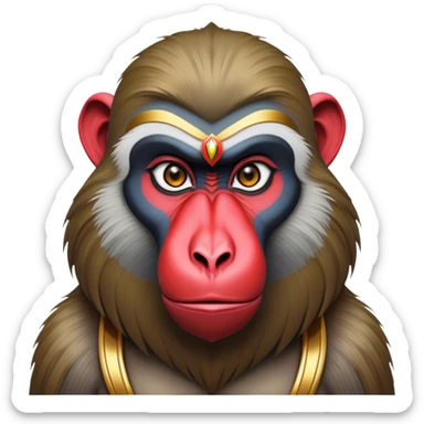 Cinematic Noble Mandrill baboon Portrait Emoji, Poised and regal, with a striking, powerful build and a vivid, deep-set soulful eyes, Simplified yet sharp and sophisticated features, highly detailed, glowing with a vibrant, dignified glow, high shine, intelligent and commanding, stylized with an air of exotic majesty, focused and attentive, soft glowing outline, capturing the essence of a watchful and confident primate, so majestic it feels as though it could step out of the screen with effortless authority! sticker