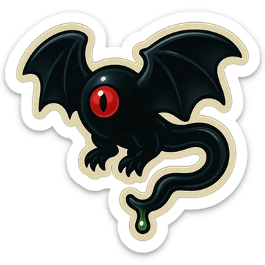 an all black reptilian bat-like creature. One cyclopian red eye in its face. no visible mouth or ears. 2 hind legs with claws. has a long tale with a stinger that drips green poison sticker