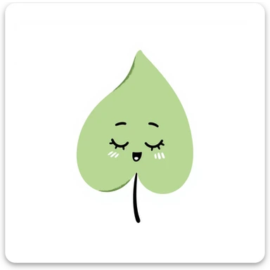 cute symmetrical leaf character in light green, hand drawn with soft digital brush strokes, peaceful happy face, minimal clean design with soft textures, ideal for a mobile app sticker
