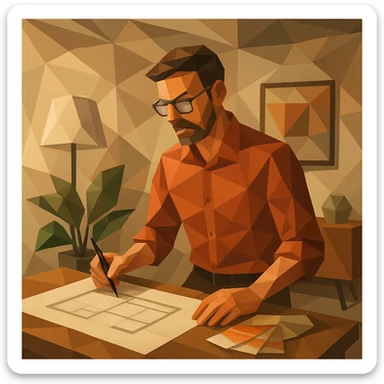 polygonal style interior designer in a geometric, low-poly room sticker