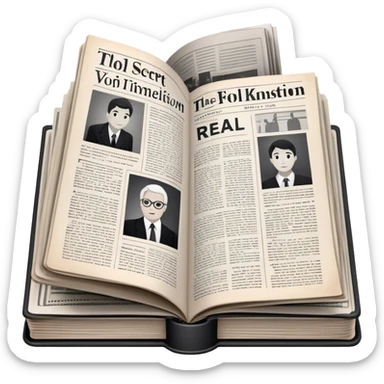Icon for Non-Fiction & Narrative Reading: an open book with black-and-white photos on the pages, surrounded by a pile of newspaper clippings, and an open folder with top-secret documents. The icon should reflect the blend of real stories and facts in non-fiction literature. Transparent background. sticker