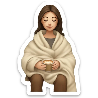 Brunette white girl covered in blanket autumn vibe sitting on a cozy chair holding coffee eyes closed sticker