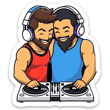 Hot handsomeb muscular 6ft tall smiling happy clean shaven ash ketchum being a  dj and his music rocks while kissing a friend who has a beard sticker