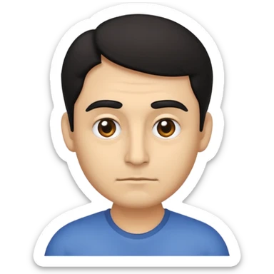 emoji a medio cuerpo hasta la cintura, hombros anchos, de un hombre, con cejas gruesas inclinadas hacia abajo, nariz medio grande, hombros anchos, sin sonrisa, hombros anchos, cabello medio ondulado con un corte juvenil, cabello negro. ojos negros. sticker