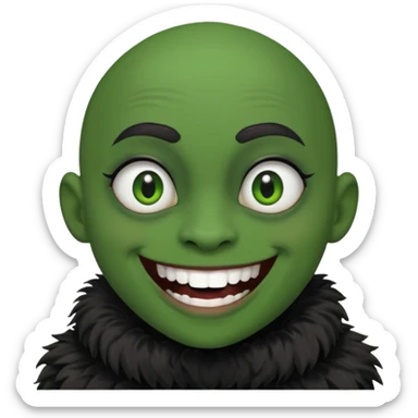 A bald person with green sclera and green teeth, grinning widely. Has fluffy black neck fur, with a fluffy black body sticker