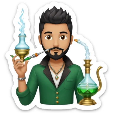 Brass hookah with green design on a glass water base on the top; with two smoke pipes where people are holding them and smoking - one white guy with spikes (silver and black hair) and another Tamil handsome with little beard Indian guy sticker